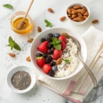 Bowl of low-fat cottage cheese with berries, chia seeds, and honey on a white marble background