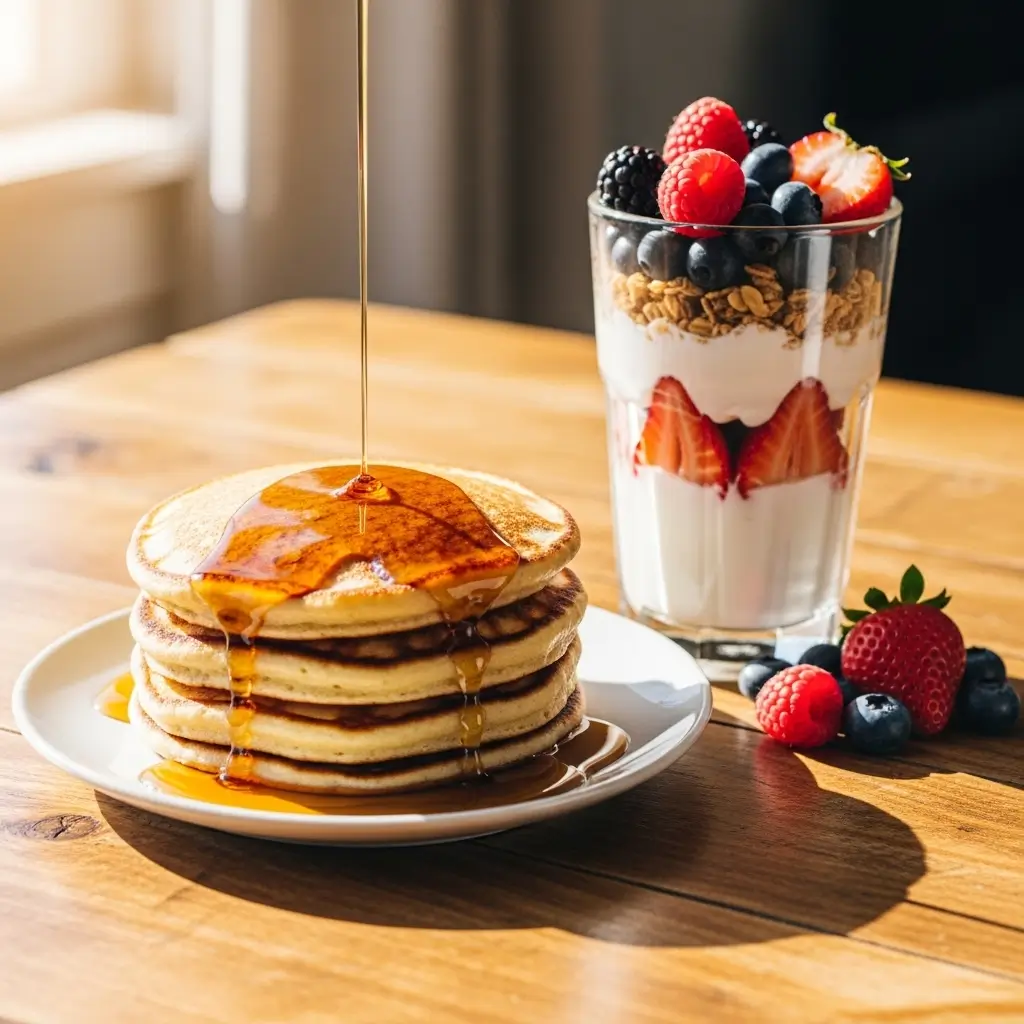 An image showcasing the versatility of cottage cheese vs greek yogurt macros, with protein pancakes and a yogurt parfait on a breakfast table.