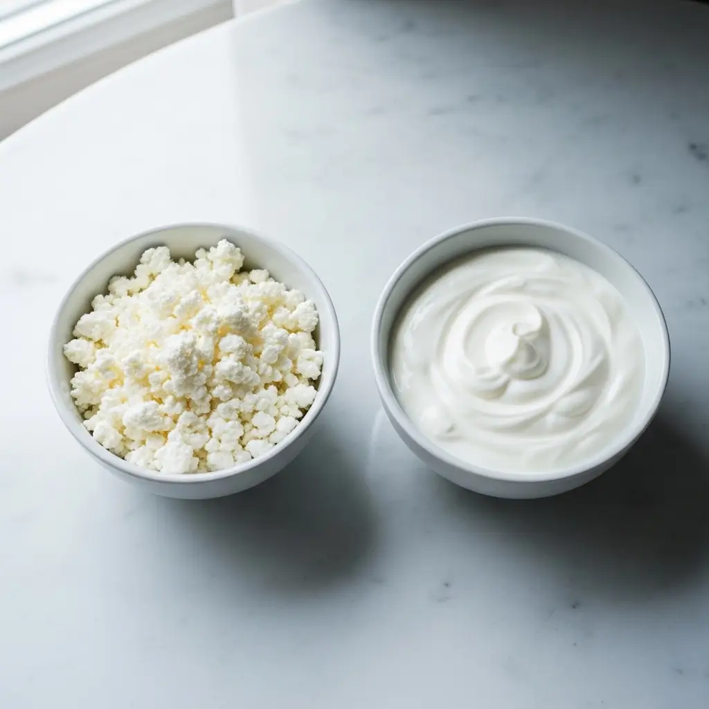 A clean, top-down view comparing the texture and appearance of cottage cheese vs greek yogurt macros in two identical white bowls.