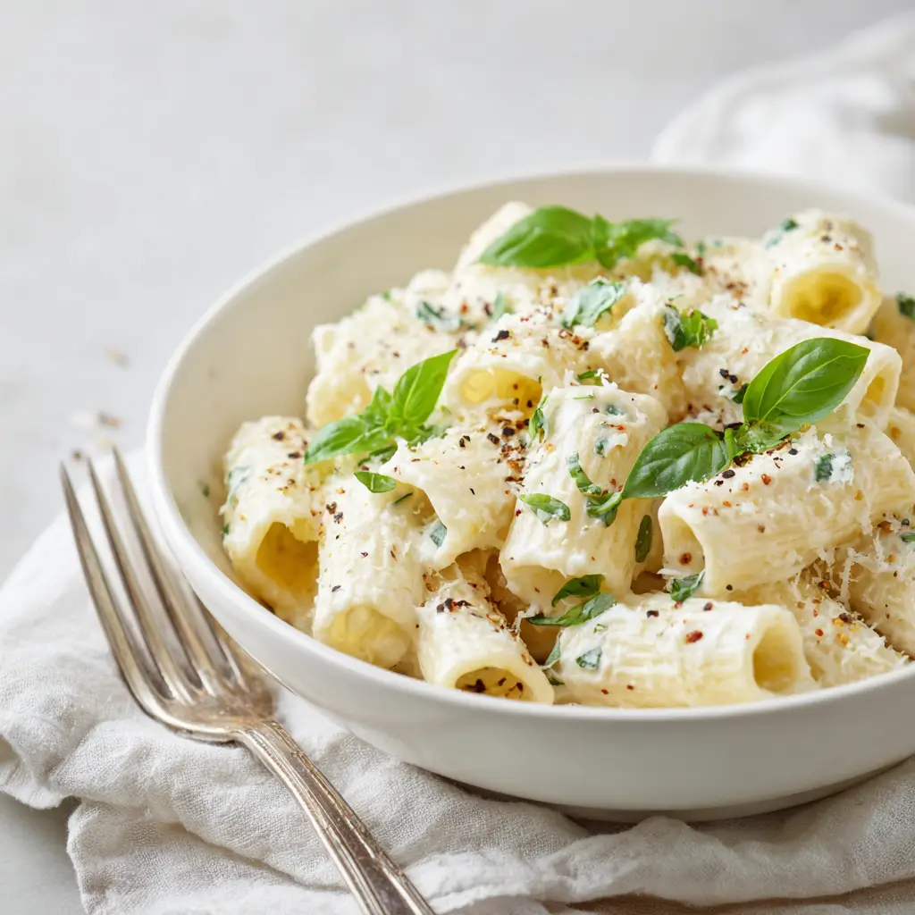 A bowl of creamy cottage cheese pasta with rigatoni noodles, garnished with fresh basil leaves, grated Parmesan cheese, and a sprinkle of black pepper, served on a white cloth with a fork beside it.