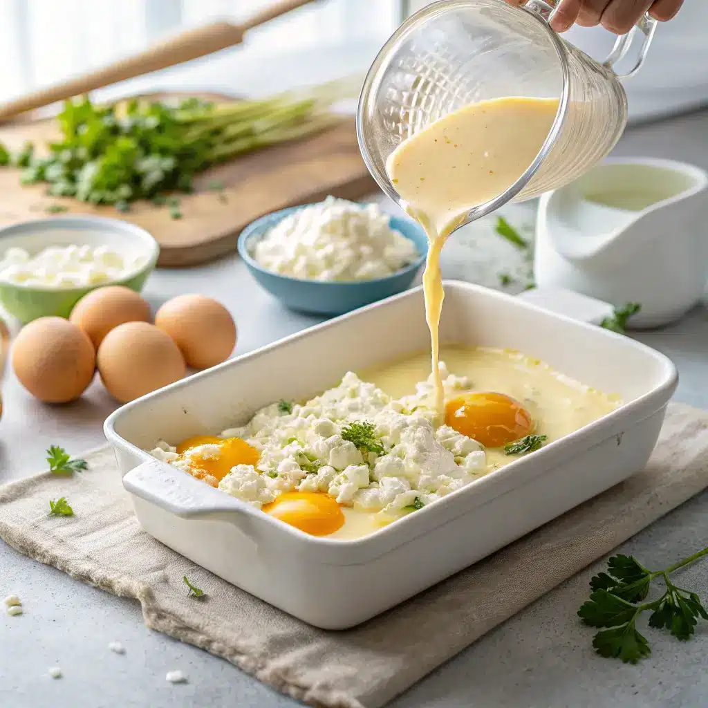 Preparing cottage cheese breakfast casserole for baking
