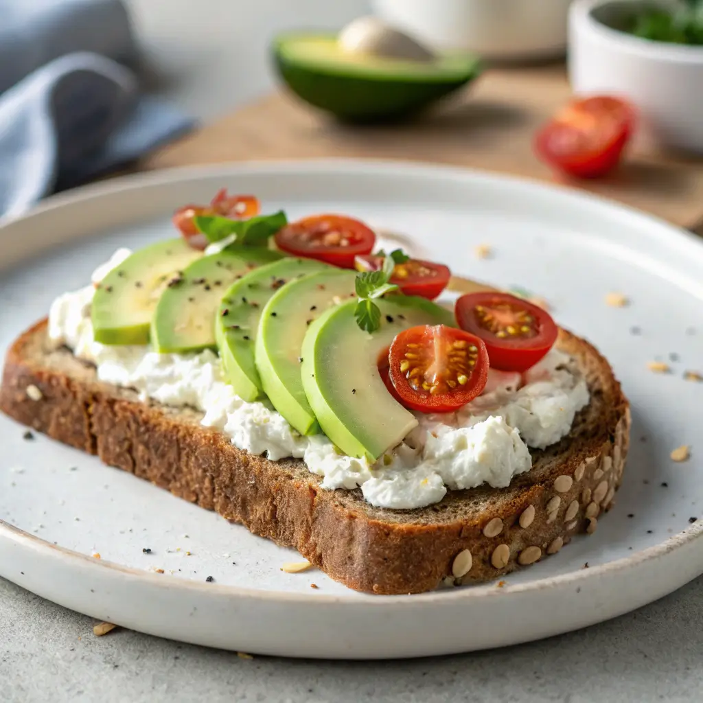 Whole-grain toast topped with cottage cheese, avocado slices, and cherry tomatoes.