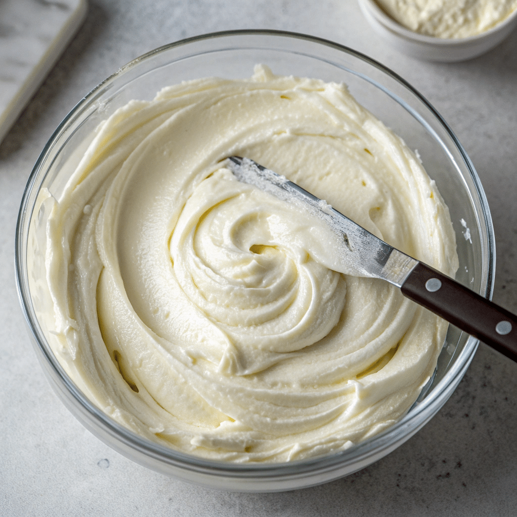 Creamy cottage cheese frosting in a glass bowl with a spatula, photographed from above.