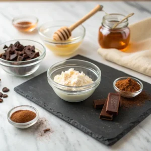Ingredients for cottage cheese truffles: cottage cheese, cocoa, honey, vanilla, salt, chocolate