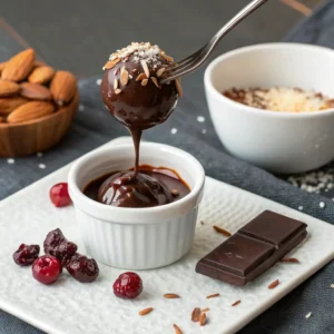 Dipping cottage cheese truffles in melted dark chocolate and coatings