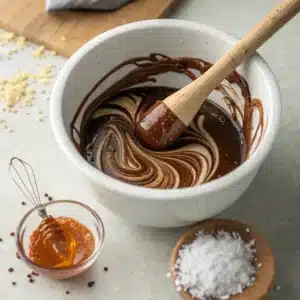 Mixing cocoa, honey, vanilla, and salt into blended cottage cheese