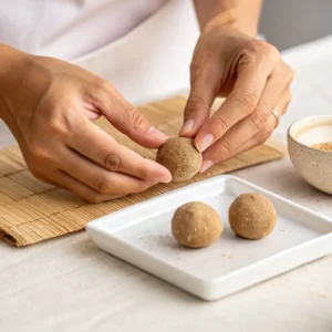 Rolling chilled cottage cheese mixture into truffle balls
