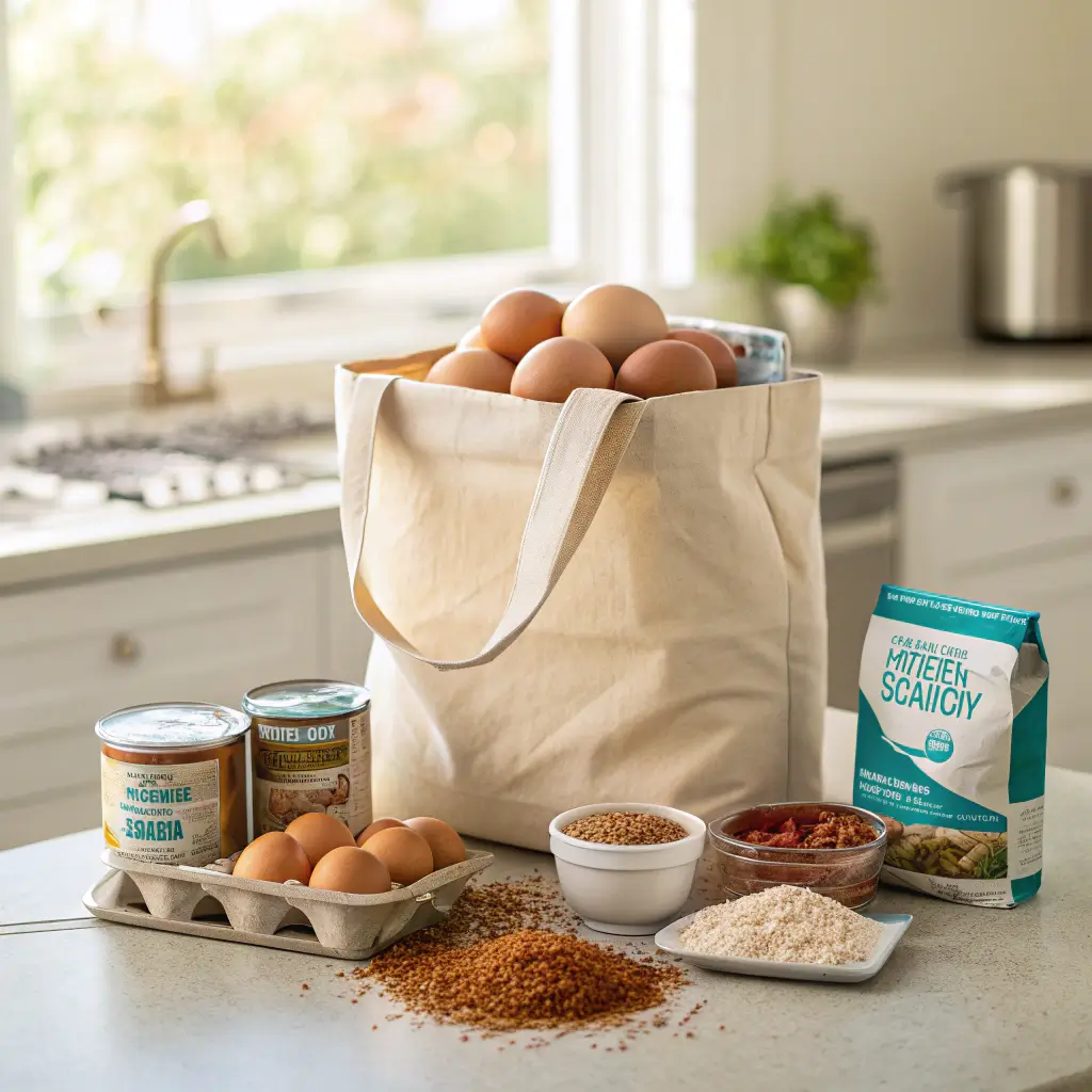 A shopping bag filled with affordable options from a protein foods list for weight loss, including eggs, canned tuna, lentils, and cottage cheese.