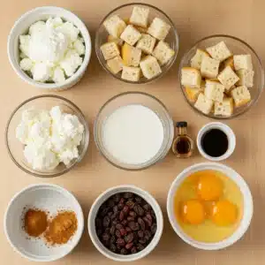 Ingredients for cottage cheese bread pudding neatly arranged