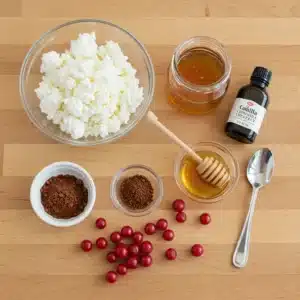 Fresh ingredients for chocolate cottage cheese mousse: cottage cheese, cocoa, honey, vanilla, berries