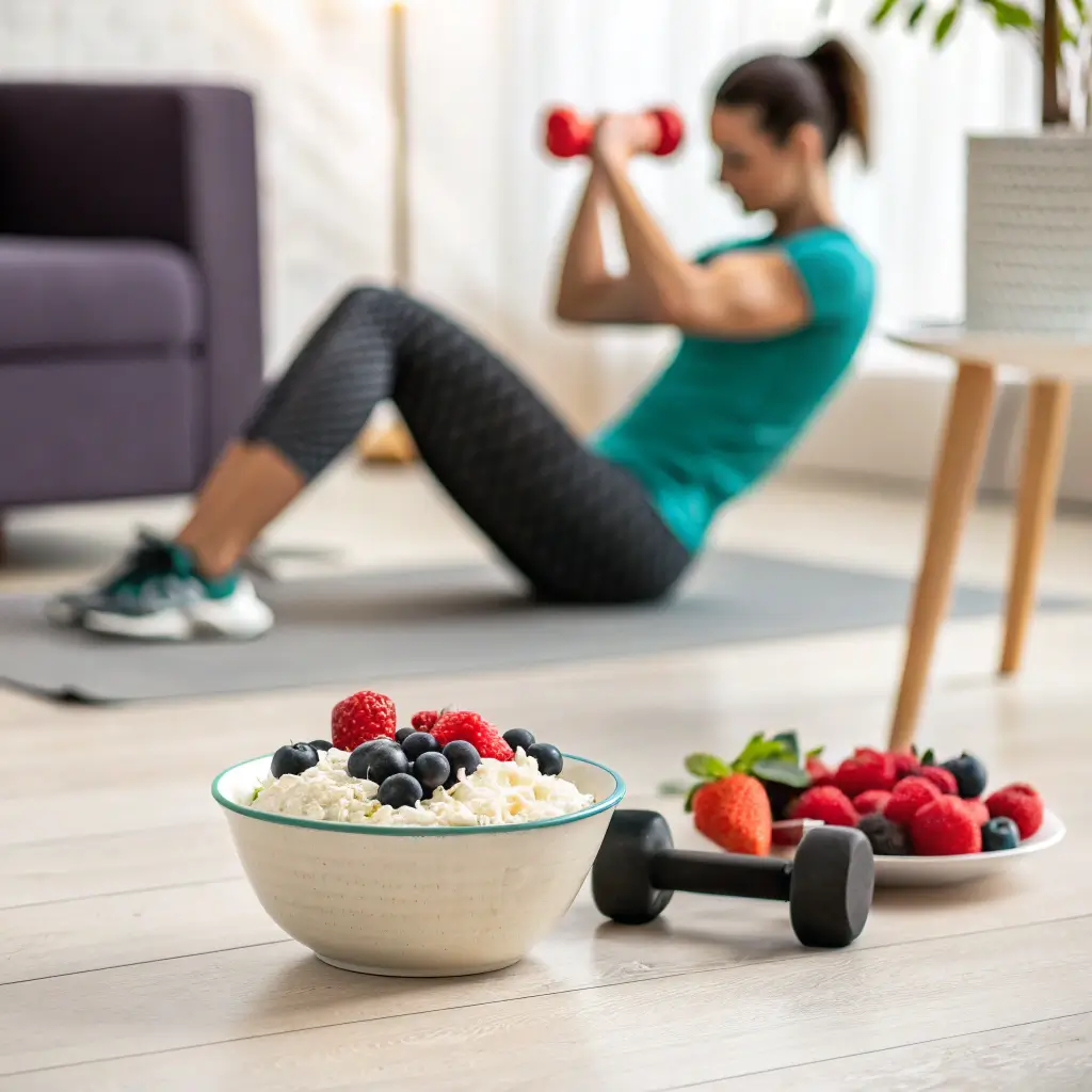 A person in workout gear eating a bowl of cottage cheese after a workout, illustrating the fitness benefits in the cottage cheese vs ricotta discussion.