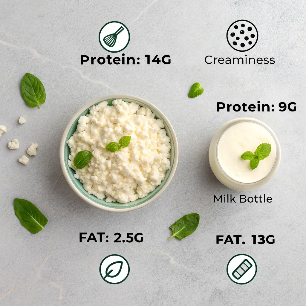An infographic comparing the macros of cottage cheese vs ricotta, showing cottage cheese is higher in protein and lower in fat.
