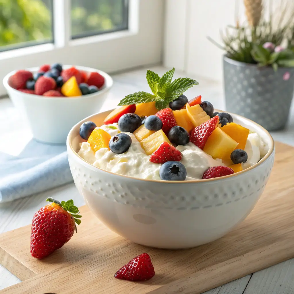 A vibrant bowl of creamy cottage cheese fruit salad topped with fresh berries and mango, ready to eat.