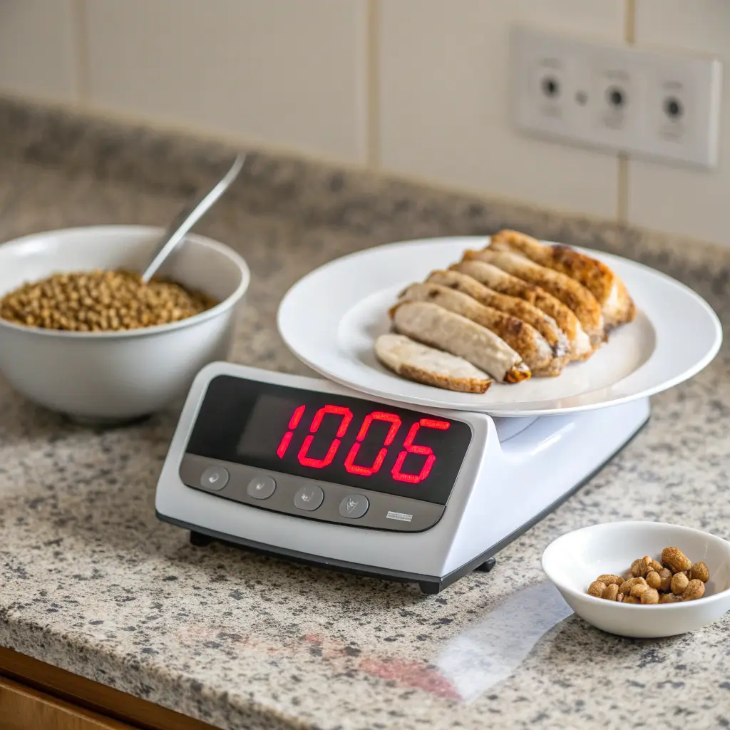 An informative photo for a protein chart per 100g, showing a kitchen scale weighing 100g of chicken breast next to a bowl of lentils.