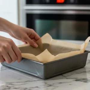 Lining baking pan with parchment paper for cottage cheese brownies