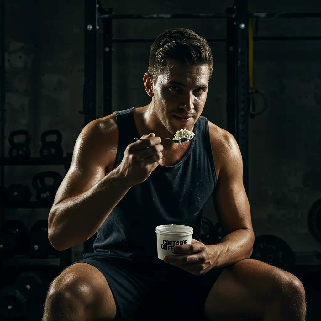 A fit athlete eating cottage cheese for cutting post-workout to aid muscle recovery and preservation.