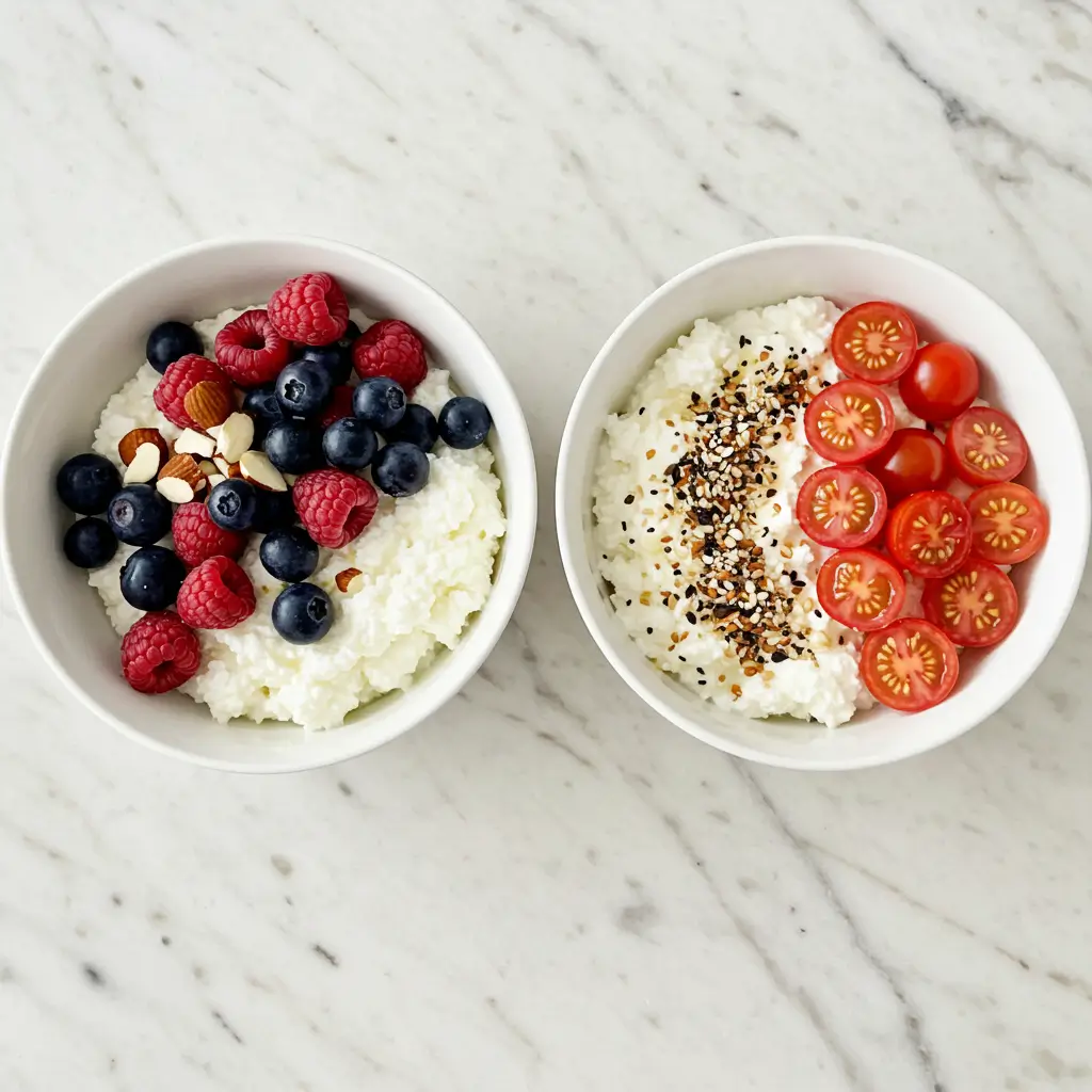 Two different cottage cheese before bed recipes, one sweet with berries and one savory with seasoning, showing healthy options.