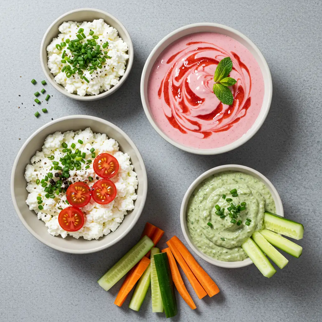 Various meal ideas using cottage cheese for cutting, showing sweet, savory, and dip options to prevent diet boredom.