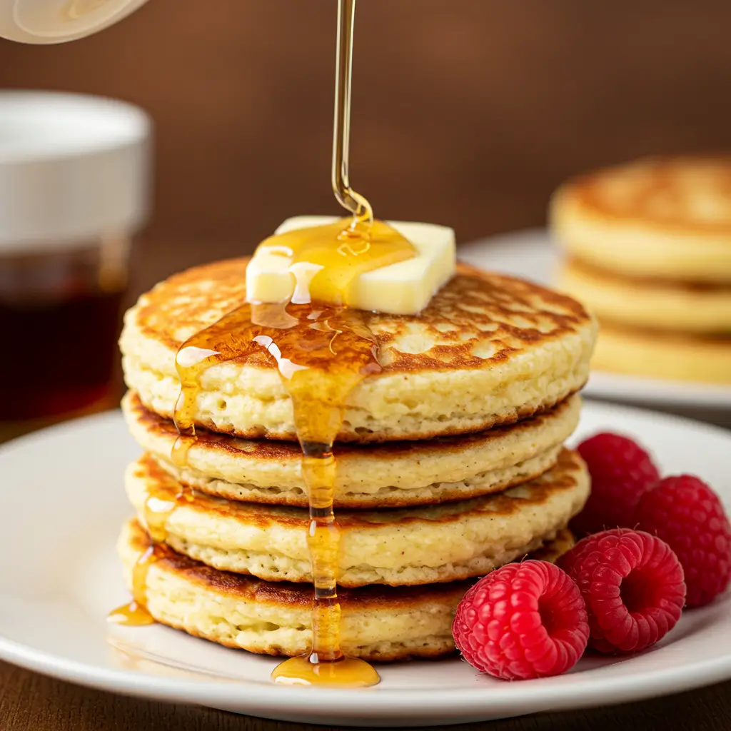 A delicious stack of keto pancakes made from cottage cheese, a great example of a cottage cheese keto recipe that answers 'is cottage cheese keto friendly?'.