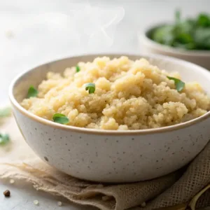 Cottage cheese meal prep — close-up of cooked quinoa in a ceramic bowl.