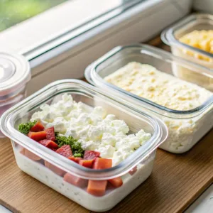 Cottage cheese meal prep — close-up of meal-prep containers portioned with cottage cheese.