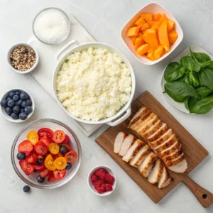 All the fresh ingredients needed for a week of cottage cheese meal prep, including chicken, quinoa, and vegetables.