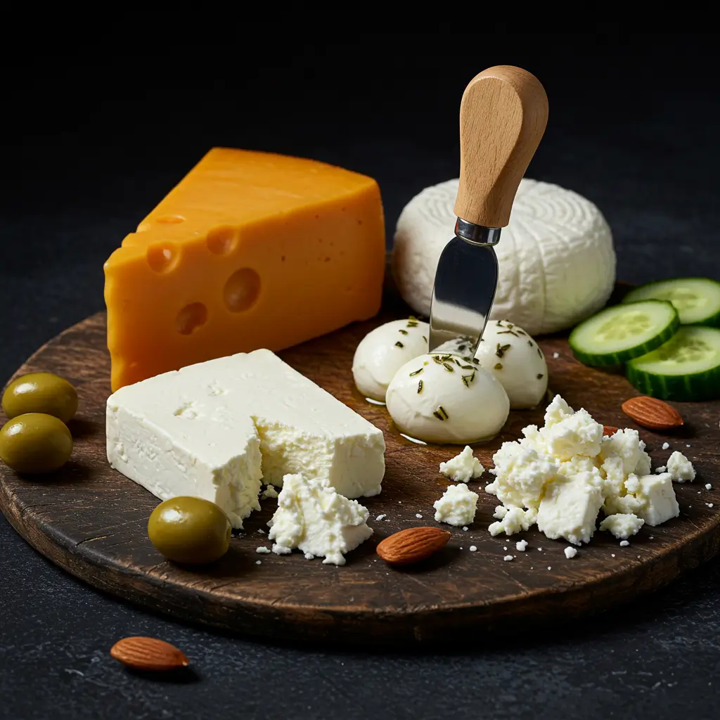 A cheese board with keto-friendly alternatives like cheddar and cream cheese, for those wondering if cheese besides cottage cheese is keto friendly.