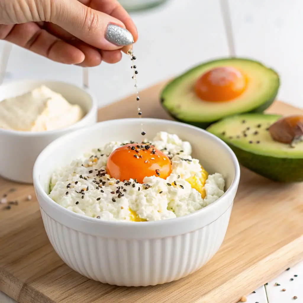 A savory cottage cheese meal prep bowl customized for a low-carb diet with a hard-boiled egg and avocado.