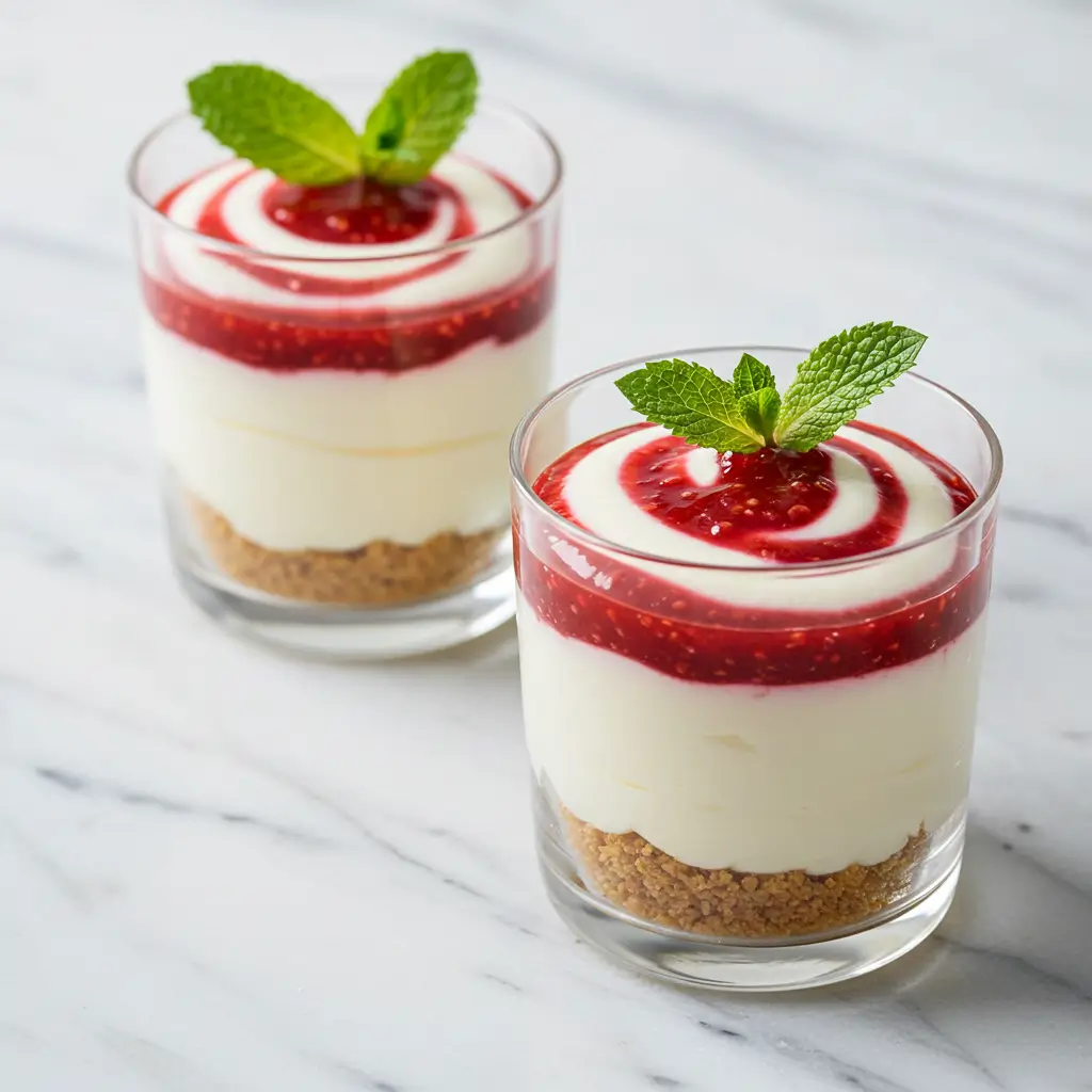 Two no-bake cheesecake cups, a dessert recipe with incredible macros made possible by cottage cheese.