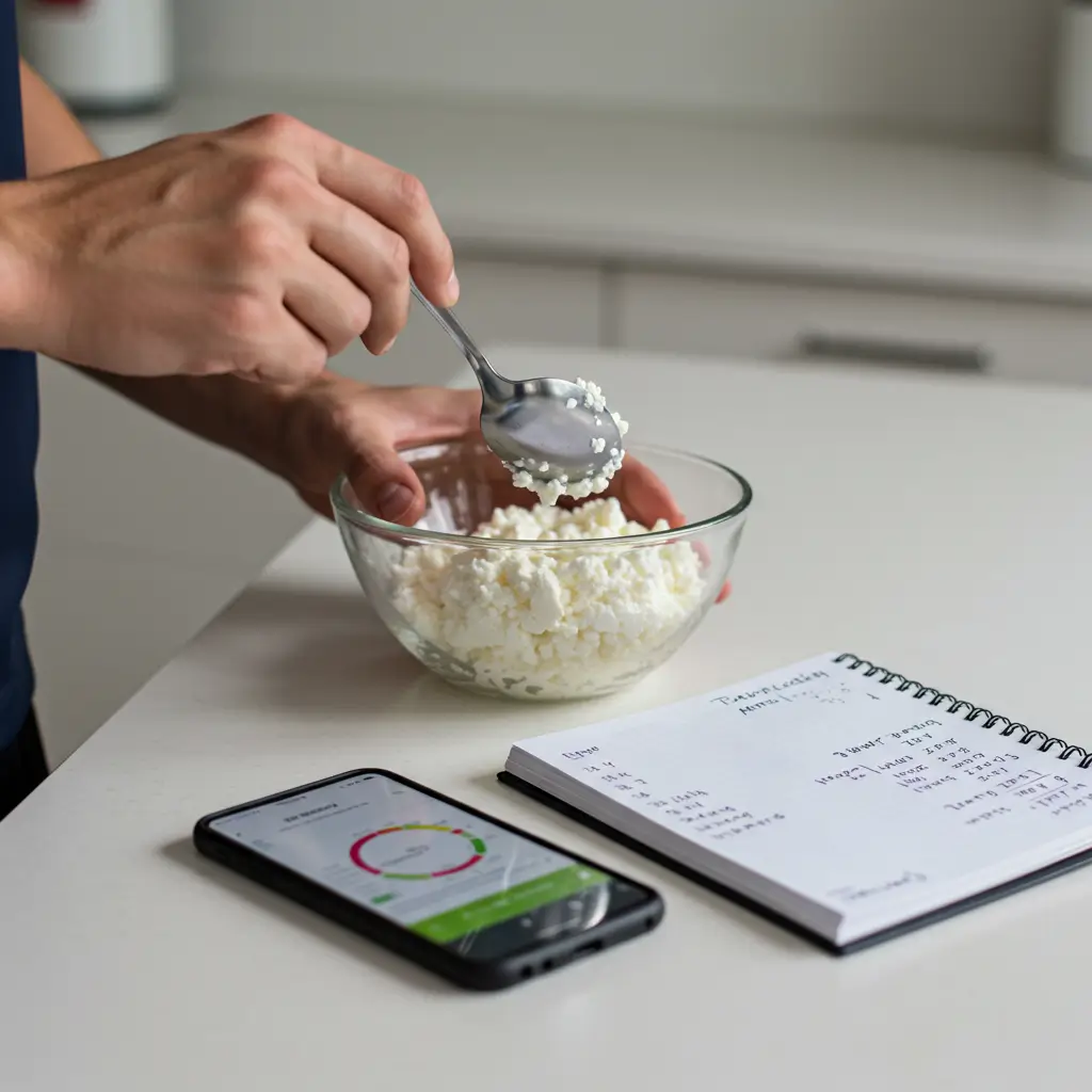A person tracking their macros on a phone while preparing a meal, a key part of a successful cottage cheese muscle building strategy.